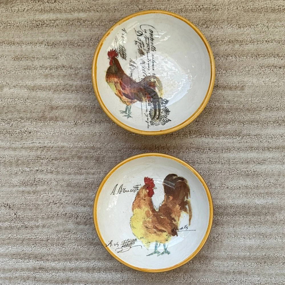 Set of 2 Williams Sonoma Rooster Script Individual Dipping Bowls Italy Farmhouse